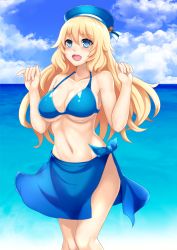 Rule 34 | 10s, 1girl, :d, alternate costume, armpits, atago (kancolle), bare arms, bare shoulders, beach, beret, bikini, blonde hair, blue bikini, blue eyes, blue sky, blush, breasts, cleavage, cloud, cloudy sky, collarbone, cowboy shot, day, groin, hair between eyes, halterneck, hat, highres, kantai collection, large breasts, legs together, long hair, looking at viewer, navel, open mouth, outdoors, sarong, sky, smile, solo, stomach, swimsuit, yashichii