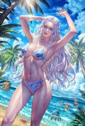 Rule 34 | 1girl, arina nary, armpits, arms up, beach, bikini, breasts, cleavage, crab, final fantasy, final fantasy xiv, gluteal fold, highres, innertube, large breasts, long hair, loporrit, navel, ocean, palm tree, rock, sand, standing, stomach, sunlight, swim ring, swimsuit, toned, tree, venat (ff14), very long hair, water, waves, wet, white hair