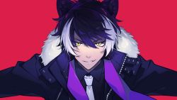 Rule 34 | 1boy, 51olo, animal ears, black hair, black shirt, blouse, gloves, hair between eyes, holostars, jackal ears, jacket, kageyama shien, looking at viewer, male focus, multicolored hair, necktie, open mouth, portrait, purple eyes, red background, shaded face, shirt, short hair, simple background, smile, streaked hair, virtual youtuber, white hair, yellow eyes