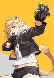 Rule 34 | 1girl, :d, absurdres, animal ears, black gloves, black jacket, black shorts, blonde hair, claw pose, fighting stance, fur-trimmed jacket, fur trim, gloves, highres, jacket, jewelry, kemonomimi mode, leo (reiga), looking at viewer, midriff peek, necklace, open clothes, open jacket, open mouth, original, red eyes, reiga (act000), shirt, short hair, shorts, smile, solo, tail, tomboy, white shirt, yellow background