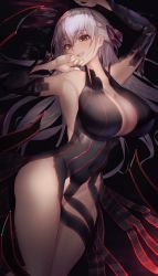 Rule 34 | 1girl, absurdres, armpits, arms up, blush, breasts, cleavage, covered navel, dark persona, dark sakura, detached sleeves, dress, fate/stay night, fate (series), groin, hair ribbon, highres, large breasts, long hair, looking at viewer, matou sakura, plaster2501, purple eyes, red eyes, red ribbon, ribbon, sidelocks, smile, solo, striped, thighs, white hair
