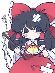 Rule 34 | 1girl, bandaid, bandaid on face, bare shoulders, black eyes, black hair, blush stickers, bow, chahan (fried rice0614), closed mouth, detached sleeves, gohei, hair between eyes, hair bow, hair tubes, hakurei reimu, highres, japanese clothes, long hair, nontraditional miko, one-hour drawing challenge, red bow, red skirt, ribbon-trimmed sleeves, ribbon trim, sidelocks, simple background, skirt, solo, touhou, upper body, white background, white sleeves, wide sleeves