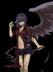 Rule 34 | 129adam, 1girl, belt, black background, blue shorts, blunt bangs, breasts, brown belt, feathered wings, feathers, holding, holding knife, holding scissors, holding weapon, knife, long hair, looking at viewer, navel, original, purple hair, scissors, shorts, single wing, small breasts, smile, solo, weapon, wings