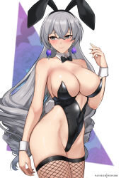 Rule 34 | 1girl, bare shoulders, black bow, black bowtie, black leotard, black thighhighs, blush, bow, bowtie, breasts, bronya rand, crossed bangs, detached collar, earrings, fishnet thighhighs, fishnets, food-themed earrings, grey eyes, grey hair, hair between eyes, hand up, highleg, highleg leotard, highres, hioyami, honkai: star rail, honkai (series), jewelry, large breasts, leotard, long hair, looking to the side, playboy bunny, solo, strapless, strapless leotard, thighhighs, very long hair, wrist cuffs