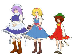 Rule 34 | 3girls, alice margatroid, animal ears, blonde hair, bloomers, blue eyes, book, boots, breasts, brown eyes, brown hair, cat ears, cat girl, cat tail, chen, dress, earrings, female focus, flat color, full body, hairband, hat, jewelry, knee boots, letty whiterock, matsutani, multiple girls, multiple tails, purple eyes, purple hair, ribbon, short hair, simple background, skirt, tail, touhou, underwear, white background