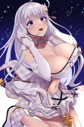 Rule 34 | 1girl, :d, absurdres, ahoge, arm cuffs, azur lane, bare shoulders, blue eyes, blunt bangs, blush, breasts, cleavage, clothing cutout, collarbone, commentary, cowboy shot, detached collar, detached sleeves, dress, gloves, hair ornament, hair ribbon, hands on headphones, headset, highres, illustrious (azur lane), illustrious (muse) (azur lane), large breasts, long hair, looking at viewer, low tied hair, mole, mole under eye, navel, navel cutout, official alternate costume, open mouth, ribbon, sidelocks, smile, solo, standing, standing on one leg, tress ribbon, very long hair, wee (weeyy), white dress, white footwear, white gloves, white hair, white sleeves