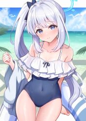Rule 34 | 1girl, alternate costume, alternate hairstyle, beach, blue archive, blush, breasts, closed mouth, collarbone, covered navel, grey hair, hair ornament, halo, innertube, long hair, miyako (blue archive), miyako (swimsuit) (blue archive), ocean, one-piece swimsuit, ponytail, purple eyes, sakura ani, small breasts, smile, solo, sweat, swim ring, swimsuit
