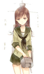 Rule 34 | 10s, 1girl, bad id, bad pixiv id, brown eyes, brown hair, cannon, hair ornament, kantai collection, long hair, neckerchief, ooi (kancolle), personification, school uniform, sencha (coldcolor), serafuku, smile, solo, translation request