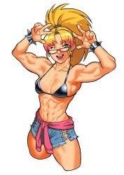 Rule 34 | 1girl, abs, arms up, biceps, blonde hair, blue shorts, borrowed character, bracelet, breasts, breasts apart, cessa, cowboy shot, cropped legs, double w, glasses, gradient hair, green eyes, hands up, highres, jewelry, long hair, looking at viewer, medium breasts, multicolored hair, muscular, muscular female, one eye closed, open mouth, original, parted bangs, pink hair, ponytail, red-framed eyewear, shorts, simple background, smile, solo, spiked bracelet, spikes, w, white background