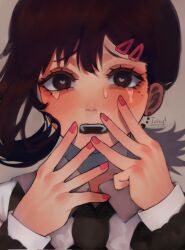 Rule 34 | 1girl, black necktie, blush, brown eyes, brown hair, burgertingz, chainsaw man, collared shirt, crying, crying with eyes open, earrings, hair ornament, hairclip, heart, heart-shaped pupils, higashiyama kobeni, highres, jewelry, looking at viewer, medium hair, mole, mole under eye, multiple moles, nail polish, necktie, open mouth, pink nails, shirt, solo, symbol-shaped pupils, tears, white shirt