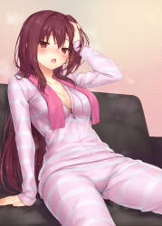 Rule 34 | 1girl, :o, alternate breast size, alternate costume, arm at side, arm support, arm up, blush, bra, bra peek, breasts, cleavage, collarbone, commentary request, couch, drawstring, fate/grand order, fate (series), foreshortening, gradient background, hand in own hair, highres, jacket, long hair, long sleeves, looking at viewer, mashuu (neko no oyashiro), medium breasts, on couch, open mouth, pants, partially unzipped, pink bra, purple hair, red eyes, scathach (fate), sitting, solo, striped clothes, striped jacket, striped pants, underwear, very long hair, water, water drop, wet, wet hair, zipper