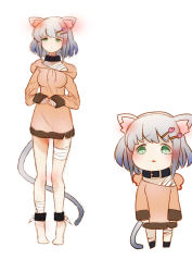 Rule 34 | 1girl, :3, animal ears, arms at sides, bandaged leg, bandages, barefoot, blue hair, blush, breasts, cat ears, cat girl, cat tail, chain, chibi, closed mouth, cluseller, collar, cuffs, drawstring, dress, ear blush, female focus, full body, gradient hair, green eyes, grey hair, hair ornament, hairclip, half-closed eyes, hands up, heart, heart hair ornament, hooded dress, long sleeves, medium breasts, multicolored hair, multiple views, off shoulder, open mouth, orange dress, original, sad, shackles, short dress, short hair, sidelocks, simple background, sketch, sleeves past wrists, standing, tail, tears, tiptoes, white background