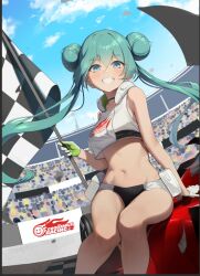 1girl alternate_costume aqua_hair bare_arms bare_shoulders black_choker blue_eyes breasts checkered_flag choker crop_top crop_top_overhang dampi day double_bun flag floating_hair gloves goodsmile_racing grin hair_bun hatsune_miku highres long_hair looking_at_viewer medium_breasts micro_shorts midriff navel outdoors race_queen racing_miku racing_miku_(2022) racing_miku_(2022_tropical_ver.) shirt shorts sitting sleeveless sleeveless_shirt smile solo stomach thighs twintails two-tone_shorts very_long_hair vocaloid white_shirt