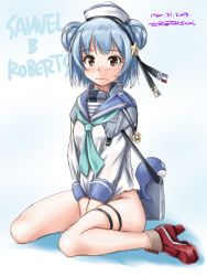 Rule 34 | 1girl, aqua neckerchief, bag, black ribbon, blue hair, blue sailor collar, bottomless, brown eyes, closed mouth, commentary request, covering crotch, covering privates, dixie cup hat, double bun, full body, hair bun, hat, hat ribbon, high heels, kantai collection, long sleeves, military hat, navy cross, neckerchief, no panties, no pants, one-hour drawing challenge, red footwear, ribbon, sailor collar, samuel b. roberts (kancolle), school uniform, serafuku, shirt, short hair, sleeve cuffs, solo, tatsumi ray, v arms, wavy mouth, whale, white hat, white shirt