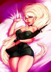 Rule 34 | 1girl, absurdly long hair, bare shoulders, battle rifle, bed sheet, blonde hair, blue eyes, breasts, choker, cleavage, collarbone, commentary, commission, cover image, gun, highres, holding, holding weapon, large breasts, lips, long hair, looking at viewer, miniskirt, narrow waist, original, parted lips, pinstripe pattern, rifle, sheet grab, skirt, sleeveless, solo, striped, sven (svenners), thighs, very long hair, weapon