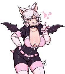 Rule 34 | 1girl, animal ears, bat ears, bat girl, bat wings, black bodysuit, blowing kiss, bodysuit, breasts, choker, cleavage, collarbone, elbow gloves, fangs, gloves, highres, humanization, large breasts, latex, latex bodysuit, lips, looking at viewer, mole, mole under mouth, one eye closed, parted lips, rouge the bat, short hair, solo, sonic (series), swept bangs, tabletorgy, white gloves, white hair, wings, zipper, zipper pull tab