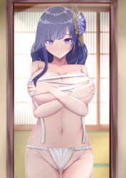 Rule 34 | 1girl, bare shoulders, blunt bangs, breasts, chest sarashi, cleavage, covering breasts, covering privates, dot nose, fundoshi, genshin impact, hair ornament, hands up, indoors, japanese clothes, large breasts, mirror, mizuki haruka, mole, mole under eye, navel, parted lips, partially visible vulva, purple eyes, purple hair, raiden shogun, raised eyebrows, reflection, sarashi, standing, thighs
