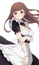 Rule 34 | 1girl, absurdres, alternate costume, alternate hairstyle, apron, black bow, black bowtie, black dress, blush, bow, bowtie, breasts, brown eyes, brown hair, cleavage, closed mouth, coro fae, dress, enmaided, fingernails, floating hair, highres, holding own arm, iino miko, kaguya-sama wa kokurasetai ~tensai-tachi no renai zunousen~, long hair, looking at viewer, maid, maid apron, medium breasts, paid reward available, puffy short sleeves, puffy sleeves, short sleeves, simple background, solo, split mouth, waist apron, white apron, white background, white wristband
