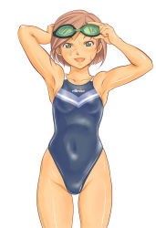 Rule 34 | 1girl, aqua eyes, armpits, bad id, bad pixiv id, bob cut, brown hair, competition swimsuit, ellesse, face, goggles, green eyes, mizuno (brand), one-piece swimsuit, original, shoko (moccom), short hair, smile, solo, swimsuit, wet