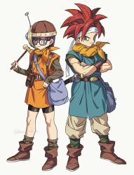 1boy 1girl antennae belt bike_shorts black_shorts blue_eyes blunt_bangs chrono_trigger closed_mouth crono_(chrono_trigger) full_body glasses grey_shirt headband headset helmet holding holding_weapon hosodayo long_sleeves looking_at_viewer lucca_ashtear neckerchief orange_neckerchief orange_tunic purple_hair red_hair shirt short_hair shorts simple_background smile spiked_hair sword tunic weapon white_background