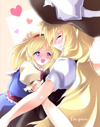 Rule 34 | 2girls, :d, ^ ^, alice margatroid, bad id, bad pixiv id, blonde hair, blue dress, blush, closed eyes, dress, female focus, from side, hat, heart, height difference, hug, kirisame marisa, lowres, multiple girls, open mouth, pixiv, puffy short sleeves, puffy sleeves, short sleeves, smile, sys.ao, touhou, witch hat, yuri