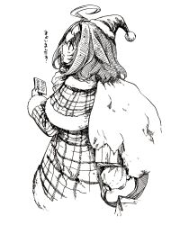 Rule 34 | 1girl, ahoge, alternate costume, animal ears, box, capelet, carrying over shoulder, coat, ears down, gift, gift box, greyscale, hat, highres, holding, holding paper, holding sack, horse ears, horse girl, horse tail, long sleeves, mame nabe donko, medium hair, meisho doto (umamusume), monochrome, paper, sack, santa hat, solo, tail, tearing up, tears, torn bag, traditional media, translation request, umamusume