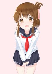 Rule 34 | 1girl, blue sailor collar, blue skirt, blush, brown eyes, brown hair, collarbone, cowboy shot, embarrassed, female focus, flat chest, folded ponytail, have to pee, highres, inazuma (kancolle), kanekan, kantai collection, long sleeves, looking at viewer, matching hair/eyes, miniskirt, neckerchief, open mouth, own hands together, pee, peeing, peeing self, pink background, pleated skirt, red neckerchief, sailor collar, school uniform, serafuku, shirt, short hair with long locks, sidelocks, simple background, skirt, solo, standing, tears, v arms, wavy mouth, white shirt