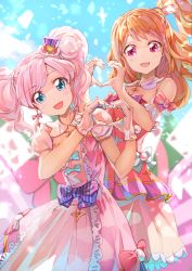 Rule 34 | 10s, 2girls, aikatsu!, aikatsu! (series), amahane madoka, bare shoulders, blonde hair, blue eyes, blush, bow, brown hair, detached collar, dress, gloves, gradient background, hat, heart, heart hands, highres, jewelry, koruse, long hair, looking at viewer, mini hat, mini top hat, multiple girls, necklace, one side up, ozora akari, open mouth, pink hair, red eyes, side ponytail, skirt, smile, top hat, twintails, white gloves