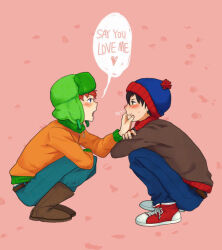 Rule 34 | 2boys, animification, beanie, belt, black hair, blue eyes, blush, boots, brown footwear, brown jacket, child, english text, fingernails, green eyes, hand on another&#039;s cheek, hand on another&#039;s face, hat, jacket, kakaii321, kyle broflovski, long sleeves, male focus, multiple boys, open mouth, orange jacket, pants, red footwear, red hair, shoelaces, shoes, sneakers, south park, stan marsh, yaoi