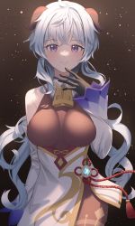 Rule 34 | 1girl, absurdres, bare shoulders, bell, black gloves, blue hair, blush, breasts, brown legwear, chinese knot, detached sleeves, eunbilove12, flower knot, ganyu (genshin impact), genshin impact, gloves, gold trim, hand to own mouth, highres, horns, long hair, looking at viewer, medium breasts, neck bell, purple eyes, sidelocks, smile, solo, tassel, thighlet, vision (genshin impact), white sleeves