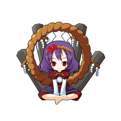 Rule 34 | 1girl, :3, altivr, bad id, bad pixiv id, barefoot, chibi, female focus, full body, hair ornament, hairband, indian style, kanzaki sora, leaf, leaf hair ornament, looking at viewer, purple hair, red eyes, rope, short hair, simple background, sitting, smile, solo, touhou, yasaka kanako