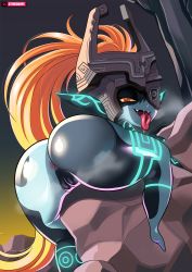 Rule 34 | 1girl, anus, ass, cleft of venus, colored sclera, colored skin, fangs, helmet, highres, huge ass, legs, long hair, looking at viewer, midna, monster girl, multicolored skin, nintendo, one eye covered, open mouth, orange hair, pointy ears, pussy, red eyes, saliva, solo, steve chopz, the legend of zelda, the legend of zelda: twilight princess, thick thighs, thighs, tongue, tongue out, two-tone skin, uncensored, yellow sclera