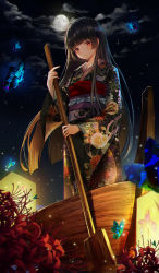 Rule 34 | 1girl, black hair, black kimono, blunt bangs, blush, boat, bug, butterfly, chrysanthemum print, closed mouth, commentary request, floral print, flower, full moon, glowing butterfly, highres, insect, japanese clothes, jigoku shoujo, kimono, lantern, light particles, long hair, long sleeves, looking at viewer, m1yu, moon, noght, obi, outdoors, paddle, print kimono, red eyes, red flower, sash, solo, spider lily, standing, straight hair, very long hair, watercraft, wide sleeves, yukata
