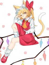 Rule 34 | 1girl, animal ears, ascot, blonde hair, cat ears, cat girl, cat tail, crystal wings, dress, flandre scarlet, full body, hat, hat ribbon, highres, koroyarou, looking at viewer, mary janes, medium hair, mob cap, one eye closed, paw print, paw print background, red dress, red eyes, red ribbon, ribbon, shoes, side ponytail, sitting, socks, solo, tail, tongue, tongue out, touhou, yellow ascot