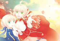 Rule 34 | 10s, 2girls, ahoge, artoria pendragon (all), artoria pendragon (fate), bad id, bad pixiv id, blonde hair, blue eyes, blush, breasts, cleavage, dress, epaulettes, fate/extra, fate/stay night, fate (series), green eyes, hair ribbon, medium breasts, multiple girls, nero claudius (fate), nero claudius (fate), nero claudius (fate/extra), nichiru, open mouth, outstretched arm, ribbon, saber (fate), short hair, smile