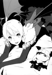 Rule 34 | 1girl, 92m, animal print, ass, backless outfit, bare back, bare shoulders, bat print, bridal gauntlets, character doll, demon girl, demon wings, greyscale, head wings, highres, kawakami rokkaku, lilith aensland, mini wings, monochrome, morrigan aensland, non-web source, open mouth, pantyhose, pointy ears, print legwear, short hair, simple background, top-down bottom-up, vampire (game), wings