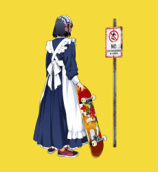 Rule 34 | 1girl, apron, black dress, black hair, bow, dress, frilled apron, frills, from behind, holding, holding skateboard, long sleeves, maid apron, maid headdress, medium hair, original, purple bow, red footwear, shoes, sign, simple background, skateboard, sneakers, solo, standing, suzushiro (suzushiro333), white apron, wide shot, yellow background