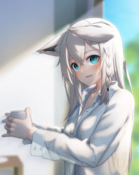 Rule 34 | 1girl, animal ear fluff, animal ears, blurry, blurry background, blush, braid, breasts, collarbone, commentary request, cup, ears down, fox ears, fox girl, green eyes, hair between eyes, highres, holding, holding cup, hololive, indoors, long hair, looking at viewer, open mouth, shirai yu, shirakami fubuki, shirt, sidelocks, single braid, small breasts, solo, virtual youtuber, white hair, white shirt