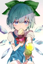 Rule 34 | 1girl, blue dress, blue eyes, blue hair, blush, bow, cirno, commentary, cowboy shot, dress, food, gradient background, green bow, grey background, hair between eyes, hair bow, highres, holding, holding food, ice, ice cream, ice cream cone, ice wings, looking at viewer, one-hour drawing challenge, pinafore dress, puffy short sleeves, puffy sleeves, satoupote, shirt, short dress, short hair, short sleeves, sleeveless dress, solo, touhou, white background, white shirt, wings