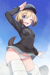 Rule 34 | 1girl, arm up, blonde hair, blue eyes, blue sky, blush, breasts, commentary request, day, dog tail, erica hartmann, hat, konnyaku (kk-monmon), looking at viewer, medium breasts, military, military hat, military uniform, no pants, one eye closed, outdoors, panties, salute, shiny skin, short hair, sky, solo, strike witches, striker unit, tail, underwear, uniform, white panties, world witches series