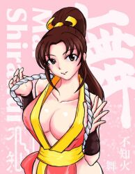 Rule 34 | 1girl, areola slip, breasts, brown eyes, brown hair, cleavage, fatal fury, large breasts, long hair, looking at viewer, nipple slip, nipples, ponytail, shihu zou, shiranui mai, smile, snk, solo, the king of fighters