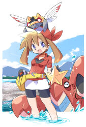 Rule 34 | 1girl, :d, bandana, black shorts, blue sky, brown hair, cloud, crawdaunt, creatures (company), fanny pack, game freak, gen 3 pokemon, gloves, highres, looking at viewer, may (pokemon), ninjask, nintendo, on head, open mouth, partially submerged, pokeblock, pokemon, pokemon (creature), pokemon on head, pokemon rse, purple eyes, rascal (feuille), red bandana, red shirt, shirt, shorts, sky, smile, water