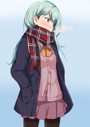 Rule 34 | 1girl, absurdres, aqua hair, ascot, black eyes, black jacket, black pantyhose, blue background, buttons, enpera, gradient background, hair ornament, hairclip, hands in pockets, highres, jacket, kantai collection, long hair, long sleeves, looking down, miniskirt, nemo 1988, open clothes, open jacket, pantyhose, pink skirt, plaid, plaid scarf, pleated skirt, red scarf, scarf, skirt, solo, standing, suzuya (kancolle), unbuttoned