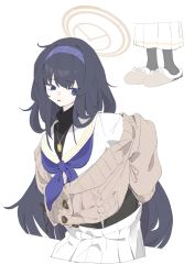 Rule 34 | 1girl, black hair, blue archive, blue eyes, blue hairband, blue neckerchief, cardigan, hairband, highres, jewelry, long hair, long sleeves, multiple views, neckerchief, necklace, ocha (popopogg), parted lips, sailor collar, school uniform, serafuku, simple background, skirt, slippers, solo, sweat, twintails, ui (blue archive), very long hair, white background, white sailor collar, white skirt