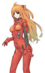 Rule 34 | 1girl, blue eyes, bodysuit, breasts, brown hair, closed mouth, commentary, dated commentary, eyepatch, highres, hop3, long hair, looking at viewer, medium breasts, neon genesis evangelion, orange hair, plugsuit, red bodysuit, simple background, solo, souryuu asuka langley, white background, wide hips