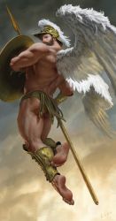 Rule 34 | 1boy, ancient greek clothes, ares (mythology), armor, ass, bara, bare back, beard, briefs, chens art, cloud, cloudy sky, facial hair, faux traditional media, feathered wings, feet, flying, from behind, greco-roman clothes, greek mythology, green male underwear, helmet, highres, holding, holding polearm, holding shield, holding spear, holding weapon, looking at viewer, looking back, male focus, male pubic hair, male underwear, mature male, muscular, muscular male, original, polearm, pubic hair, realistic, shield, short hair, sky, soles, solo, spear, thick thighs, thighs, toes, underwear, weapon, wings