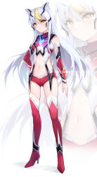 Rule 34 | 1girl, absurdres, blush, boots, breasts, cleavage, closed mouth, detached sleeves, floating hair, full body, hair between eyes, high heel boots, high heels, highres, long hair, long sleeves, looking at viewer, micro shorts, midriff, multicolored hair, navel, red footwear, red shorts, red sleeves, shorts, silver hair, small breasts, solo, standing, stomach, streaked hair, taro (ultrataro), thigh boots, thighhighs, ultra series, ultraman mebius, ultraman mebius (series), very long hair, white background, yellow eyes, zoom layer