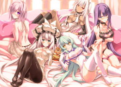 Rule 34 | 5girls, :d, altera (fate), alternate costume, aqua hair, ass, back, bare shoulders, bed sheet, bell, black bra, black panties, black socks, blue eyes, blue ribbon, blush, bow, bra, breasts, cameltoe, cape, cat cutout, cat lingerie, center opening, choker, cleavage, cleavage cutout, closed mouth, clothing cutout, commentary request, competition swimsuit, cosplay, covered erect nipples, crown, dark-skinned female, dark skin, detached sleeves, dungeon ni deai wo motomeru no wa machigatteiru darou ka, embarrassed, fate/grand order, fate (series), feet, feet together, front zipper swimsuit, full body, gloves, hair over one eye, hand on own arm, hands on own chest, hat, hestia (danmachi), hestia (danmachi) (cosplay), horns, jingle bell, kiyohime (fate), kneehighs, kneeling, knees up, legs together, lingerie, long hair, long sleeves, looking at viewer, looking back, lying, marie antoinette (fate), martha (fate), mash kyrielight, medium breasts, meme attire, mini crown, multiple girls, navel, neck bell, no shoes, on back, one-piece swimsuit, open-chest sweater, open mouth, orion (bear) (fate), panties, panties under pantyhose, pantyhose, pantyshot, partially unzipped, purple eyes, purple hair, purple panties, red eyes, rei no himo, ribbon, sakura nitouhei, short hair, side-tie panties, sitting, sleeves past wrists, small breasts, smile, socks, stuffed animal, stuffed toy, sweatdrop, sweater, swimsuit, teddy bear, thigh strap, thighhighs, thighs, thong, toeless legwear, toes, toned, twintails, underwear, veil, virgin killer sweater, wariza, white gloves, white hair, white hat, white legwear, white one-piece swimsuit, white panties, wrist cuffs, yellow eyes, zipper