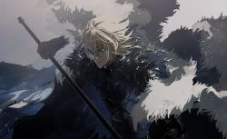 Rule 34 | 1boy, armor, blonde hair, blue cape, blue eyes, breastplate, brown gloves, cape, dimitri alexandre blaiddyd, en (enxxx), eyepatch, fire emblem, fire emblem: three houses, from above, fur-trimmed cape, fur trim, gloves, glowing, glowing eye, grey background, hair between eyes, highres, holding, holding polearm, holding weapon, looking at viewer, looking back, male focus, medium hair, nintendo, one eye covered, polearm, serious, short hair, solo, upper body, v-shaped eyebrows, weapon