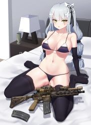 Rule 34 | 1girl, arm support, assault rifle, bad id, bad pixiv id, bare shoulders, bikini, black bikini, black gloves, black ribbon, black scrunchie, black thighhighs, blanket, blush, breasts, breasts apart, collarbone, commentary, cross hair ornament, elbow gloves, facial mark, full body, girls&#039; frontline, gloves, gluteal fold, green eyes, gun, h&amp;k hk416, hair ornament, hair ribbon, hair scrunchie, heckler &amp; koch, highres, hk416 (girls&#039; frontline), hk416 (starry cocoon) (girls&#039; frontline), indoors, lamp, large breasts, long hair, looking at viewer, low twintails, magazine (weapon), narynn, navel, no shoes, on bed, parted lips, partially visible vulva, pillow, revision, ribbon, rifle, sanpaku, scope, scrunchie, shadow, sidelocks, silver hair, sitting, skindentation, solo, stomach, swimsuit, table, thighhighs, twintails, v-shaped eyebrows, vase, wariza, weapon